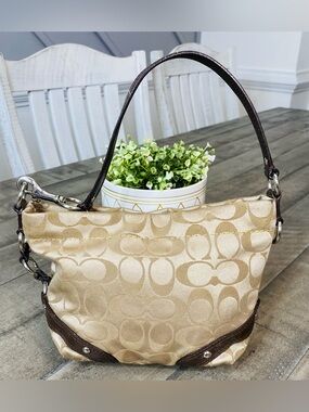 Vintage Coach Mini Carly Signature Demi Hobo Bag Khaki Brown Canvas Y2K
